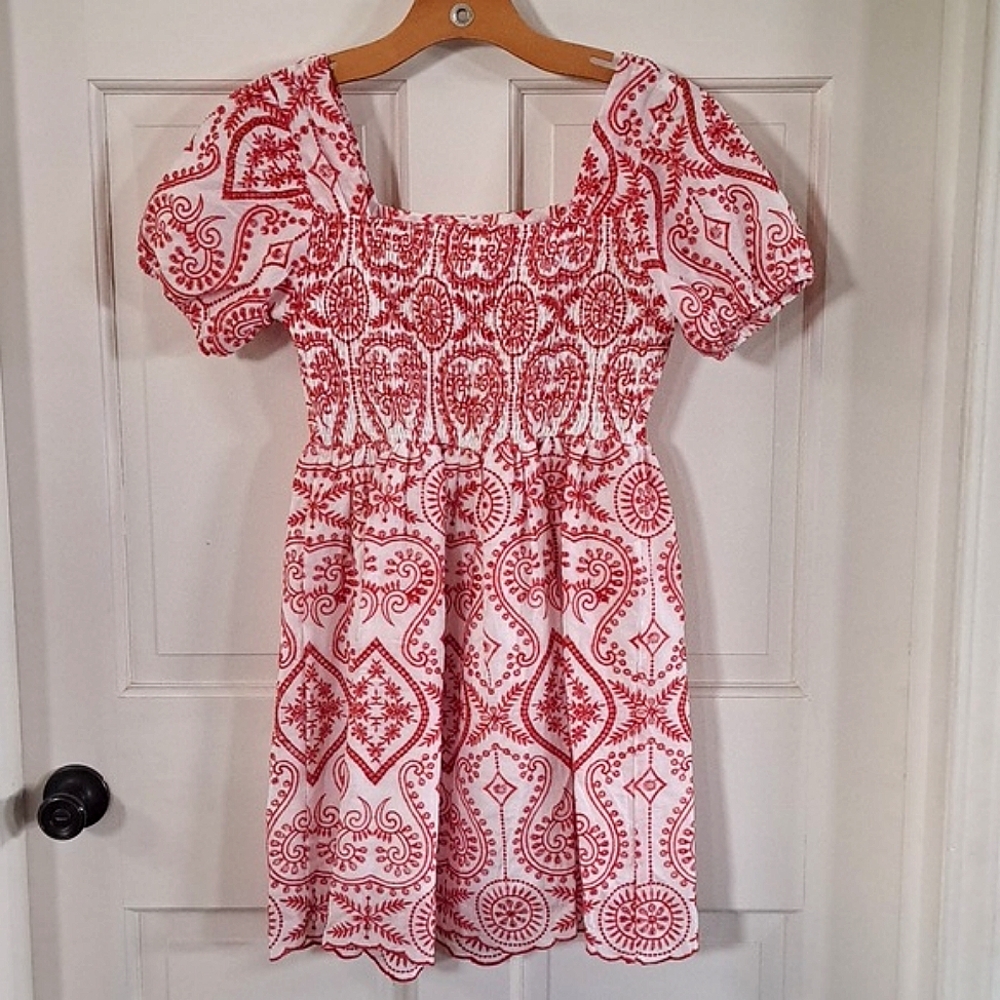 NWT Embroidered So Me 100% Cotton  Red/wht Eyelet Babydoll Dress Empire Waist - Picture 8 of 12